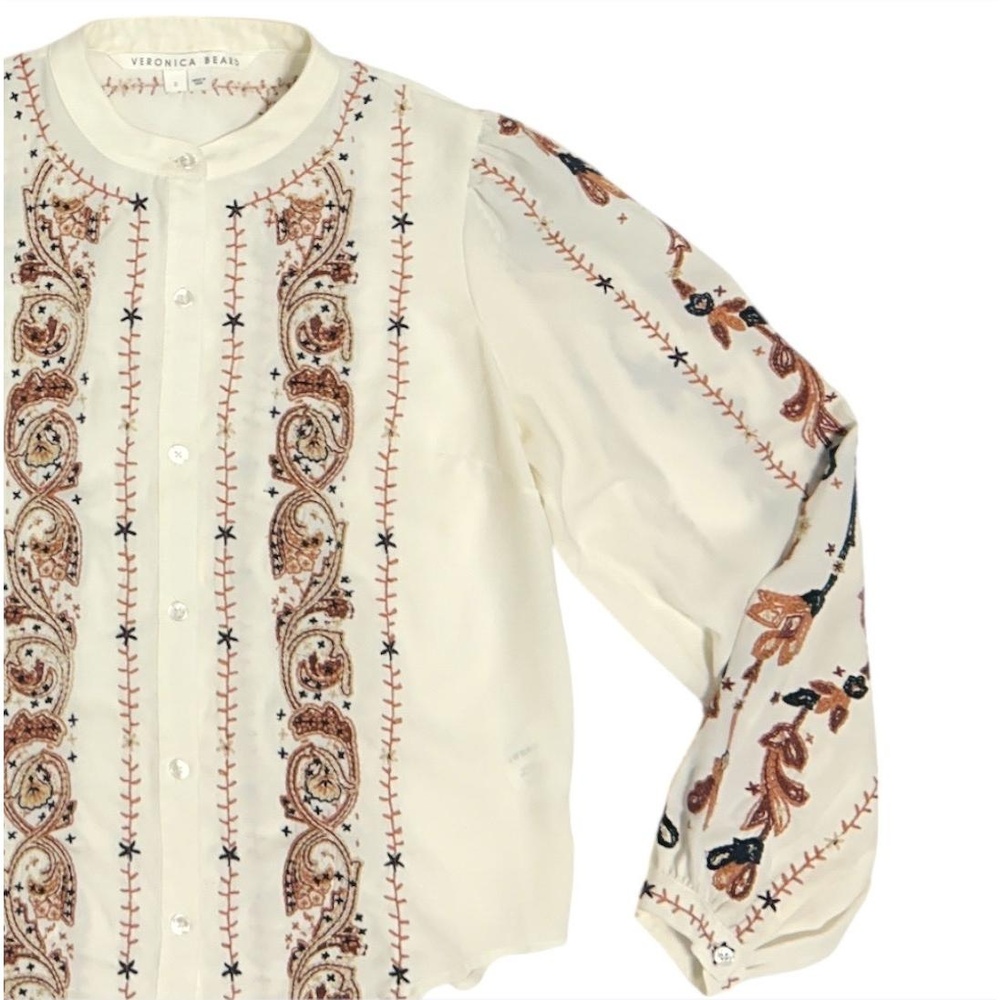Veronica Beard Blouse Womens Size 2 Cream Embroidered Ornate Boho Style - Picture 4 of 8